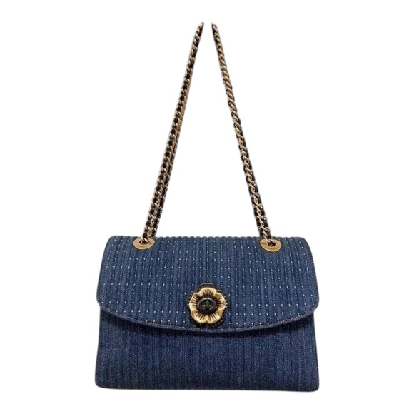 Coach Handbags - Coach Parker Shoulder Bag Quilted Denim Blue Rivets Tea Rose 68222